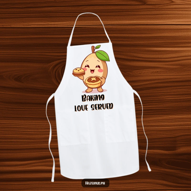 Funny hazelnut character offering a miniature pie with a warm smile, perfect for a baking-themed apron.