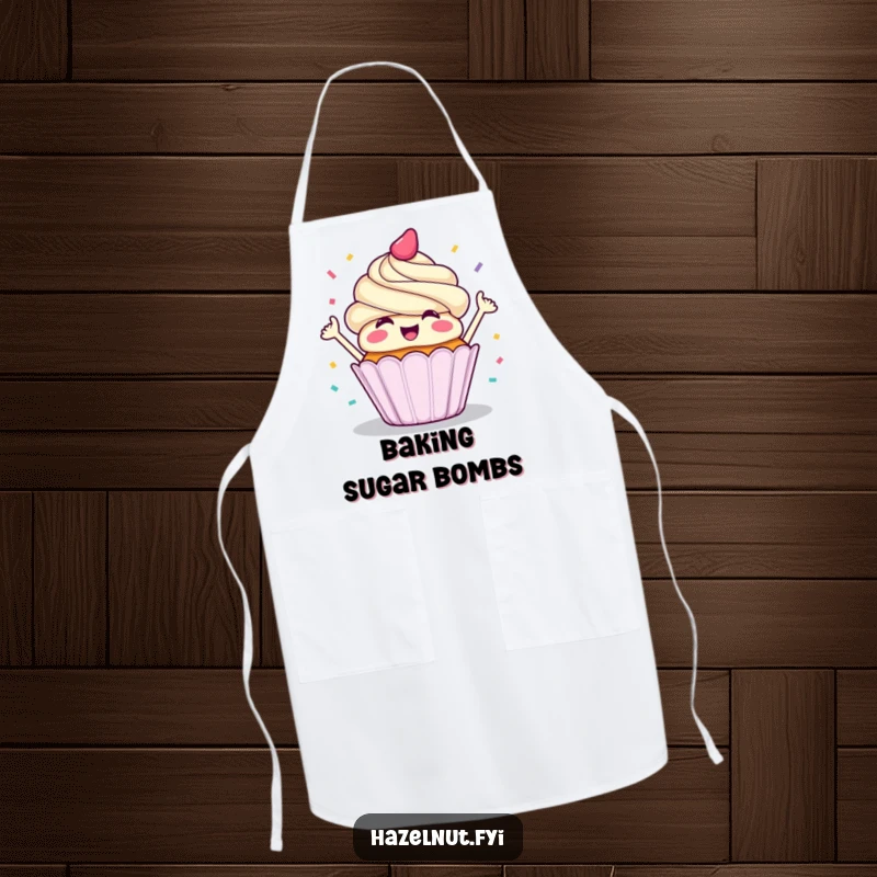 Funny apron showcasing a happy cupcake gleefully throwing confetti, a festive addition to kitchen attire.