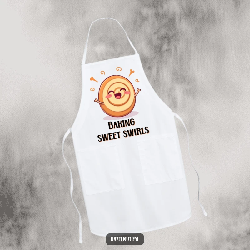 Funny apron with an excited cinnamon roll and joyful wiggling swirls, designed for baking with sweetness and kitchen protection.