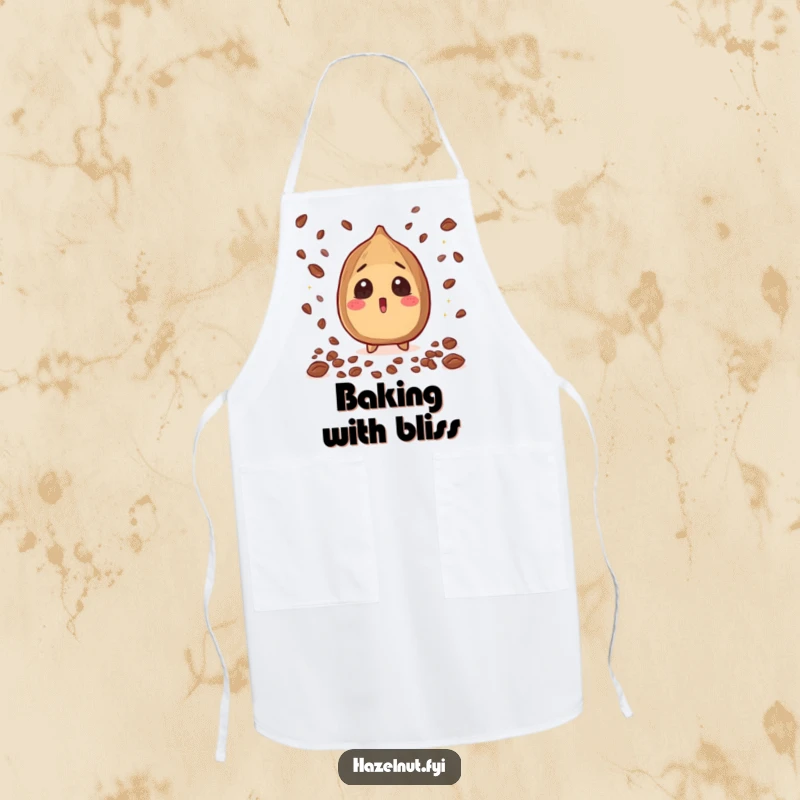 Funny Hazelnut Apron: a surprised nut character under a delightful rain of sparkling cacao nibs, ideal funny gift for cooks.