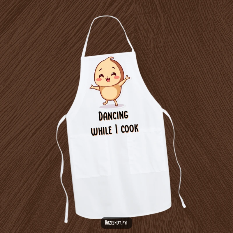 Funny Hazelnut Apron showing a smiling character doing a funny little dance with its tiny feet, perfect for a lively kitchen.