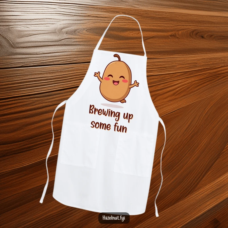 Funny apron with a smiling, rosy-cheeked coffee bean doing a cheerful hop, designed for kitchen fun and protection.