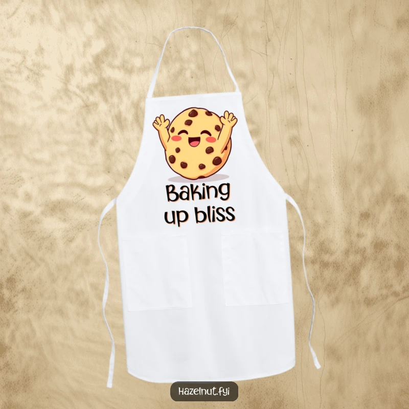 Funny apron with a giggling chocolate chip cookie joyfully raising its arms, designed for baking fun and kitchen protection.