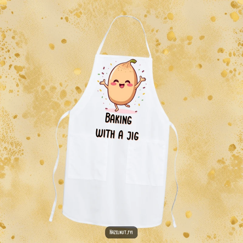 Funny apron featuring a happy kawaii hazelnut dancing joyfully with sprinkles, perfect for festive cooking.