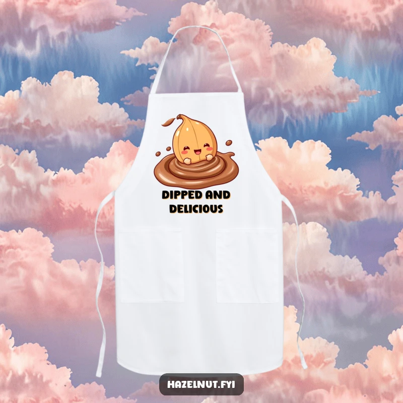 Funny apron showing a cheerful hazelnut character happily diving into a swirling chocolate dip, perfect for baking and kitchen fun.