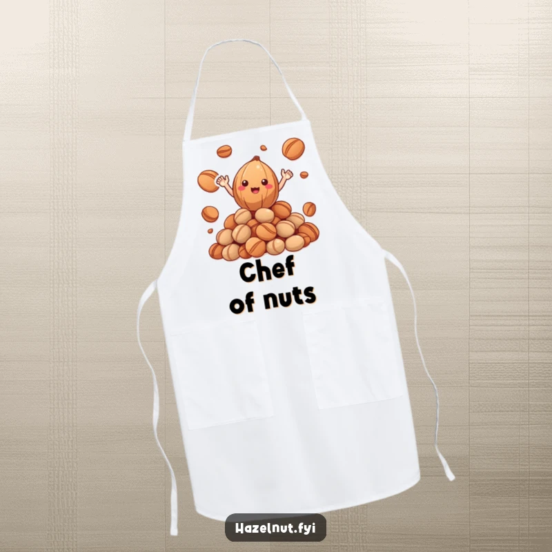 Funny Hazelnut Apron: a cheerful hazelnut with tiny arms waving from a pile of roasted nuts, ideal for cooking, a funny gift.