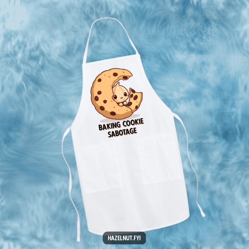 Funny apron showing a mischievous hazelnut peeking from behind a large, half-eaten cookie, perfect for baking and kitchen fun.