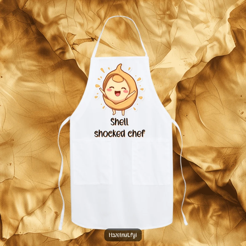 Funny apron depicting a joyous hazelnut character bursting from a stylized shell, adding humor to cooking and baking.