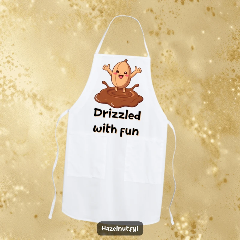 Funny Hazelnut Chocolate Leap Apron: A joyful hazelnut leaps into chocolate, designed for a fun cooking experience.