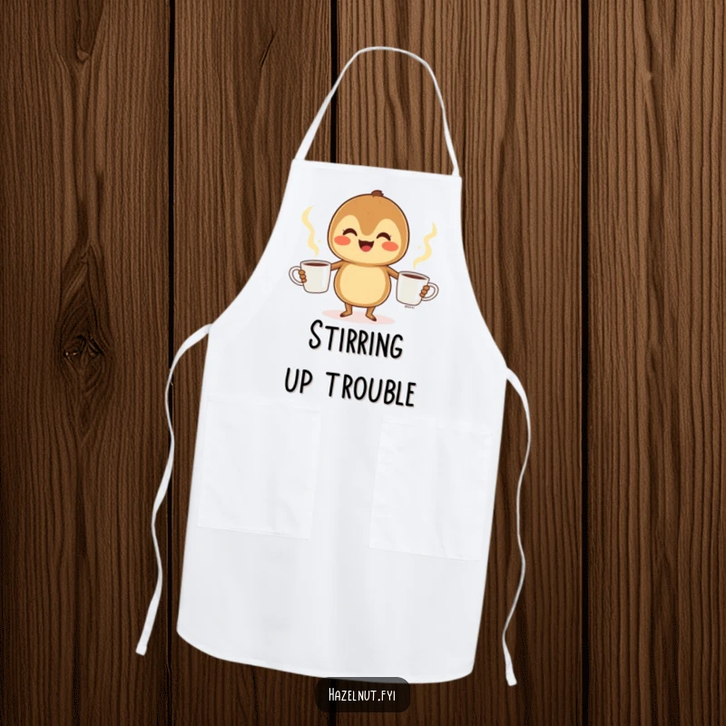 Funny Hazelnut Apron: A cheerful hazelnut juggles three steaming coffee cups, bringing humor to kitchen tasks.