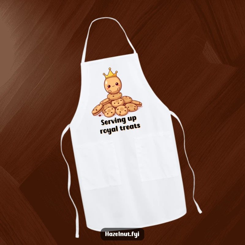 Funny Hazelnut Apron showcasing a crowned hazelnut king presiding over a delicious pile of cookies, ready for culinary adventures.