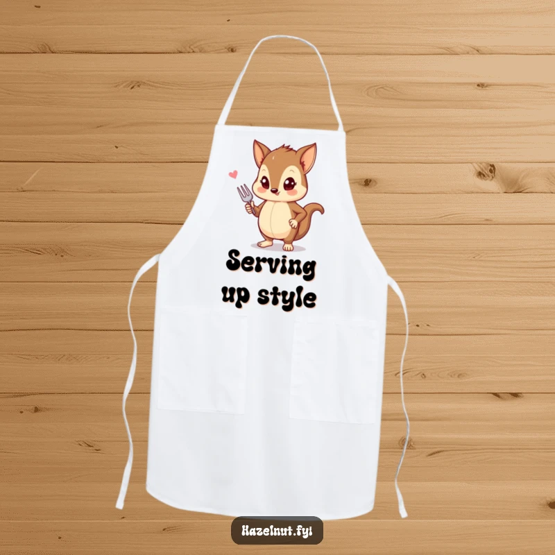 Funny apron showcasing a stylish hazelnut striking a pose with a tiny fork, for chic kitchen adventures.