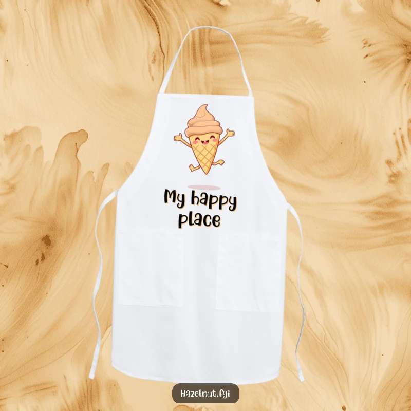 Funny Hazelnut ice cream cone apron with tiny legs leaping joyfully, perfect for hilarious cooking sessions.