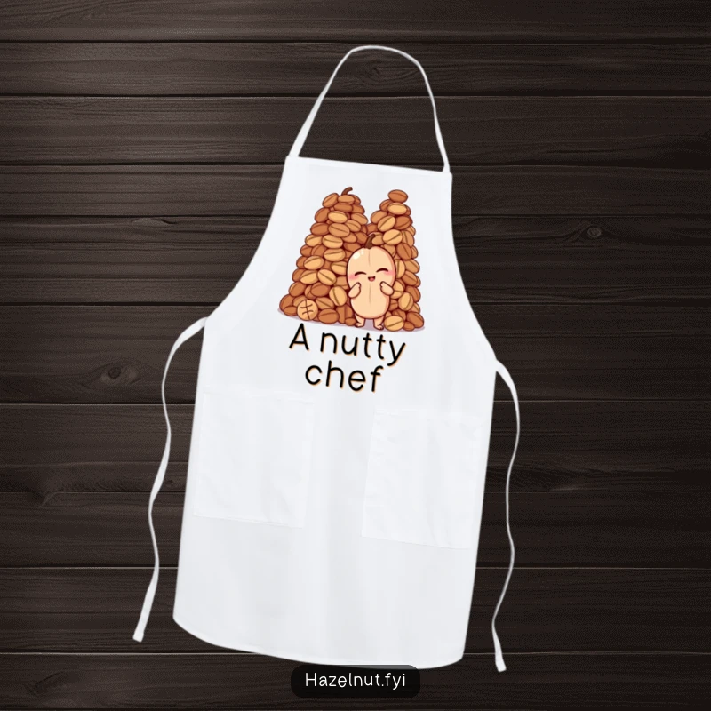 Funny apron with a winking hazelnut striking a proud pose next to a large pile of nuts, ideal for a humorous cooking experience.