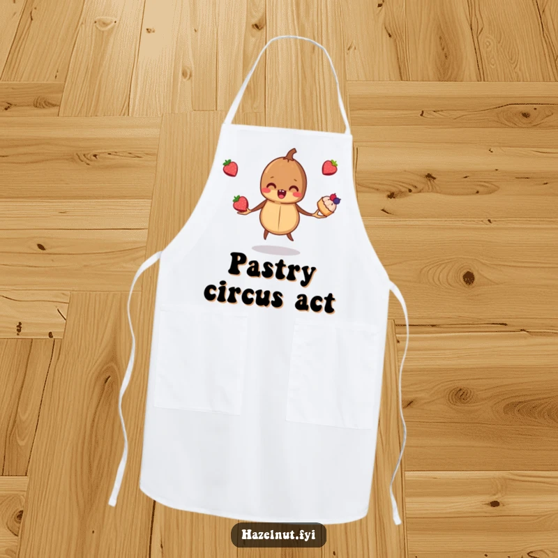 Funny, mischievous hazelnut juggling three tiny berry pastries, depicted on a chef's apron, bringing humor to baking and cooking.