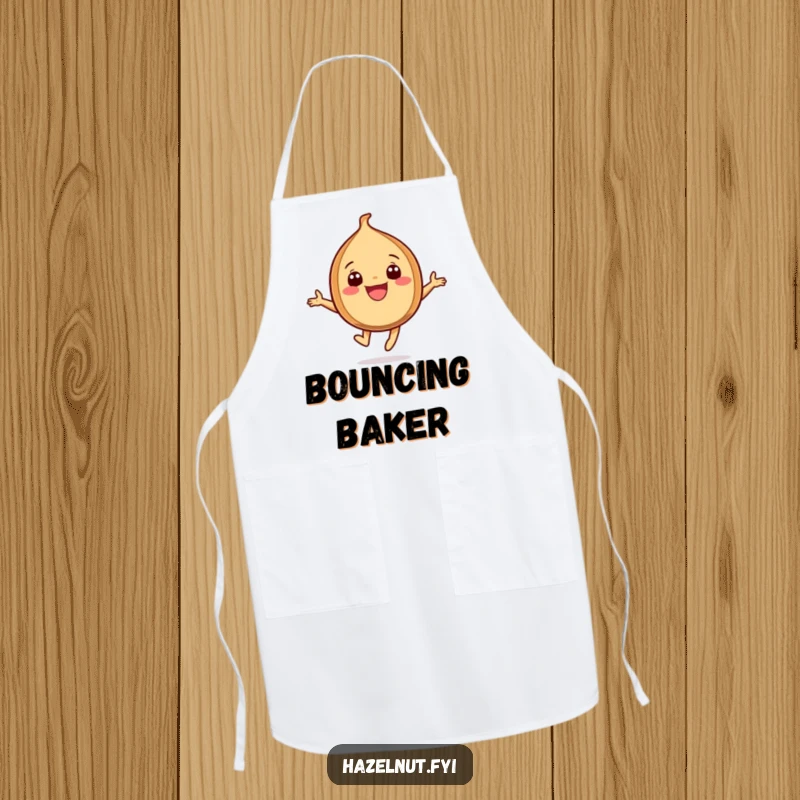 Funny Joyful Hazelnut Apron, a cheerful hazelnut with a wide grin leaping high while cooking.