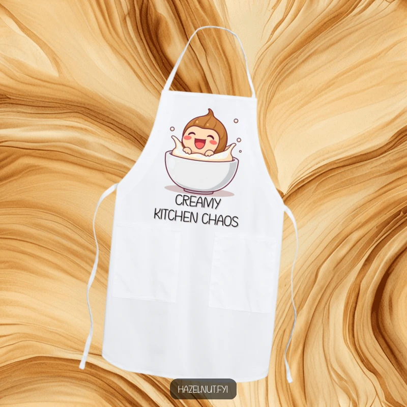 Funny apron with a laughing hazelnut splashing in cream, adding humor and pure joy to the kitchen, a delightful gift.