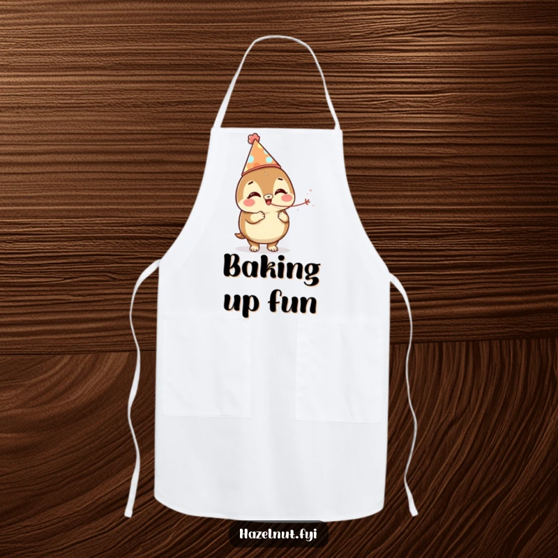 Funny hazelnut character in a party hat blowing a streamer, ready for festive cooking on an apron.