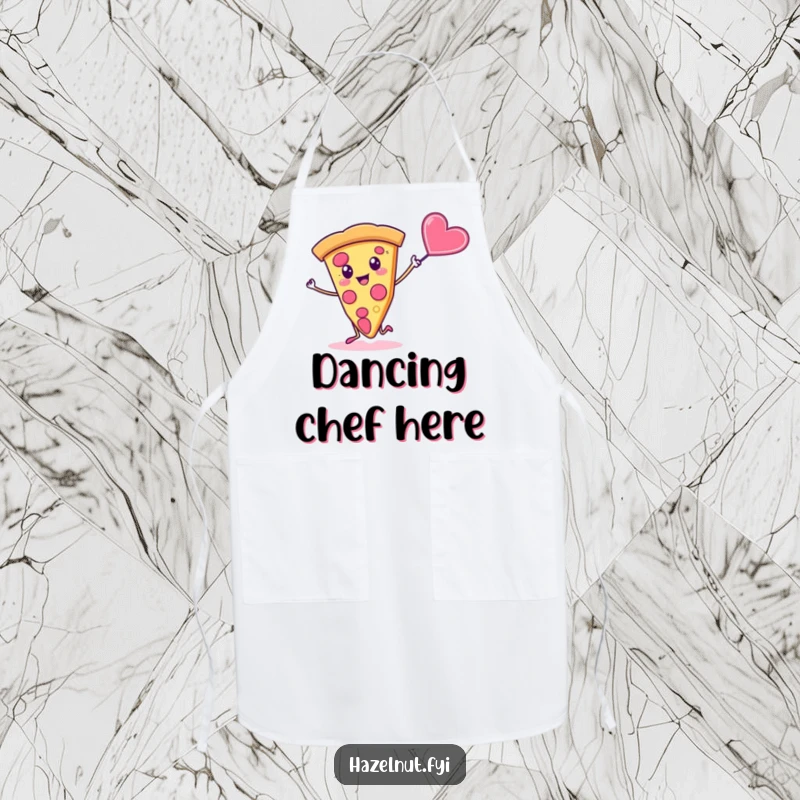 Funny apron showcasing a silly slice of pizza dancing with a flying candy heart, perfect for the kitchen.