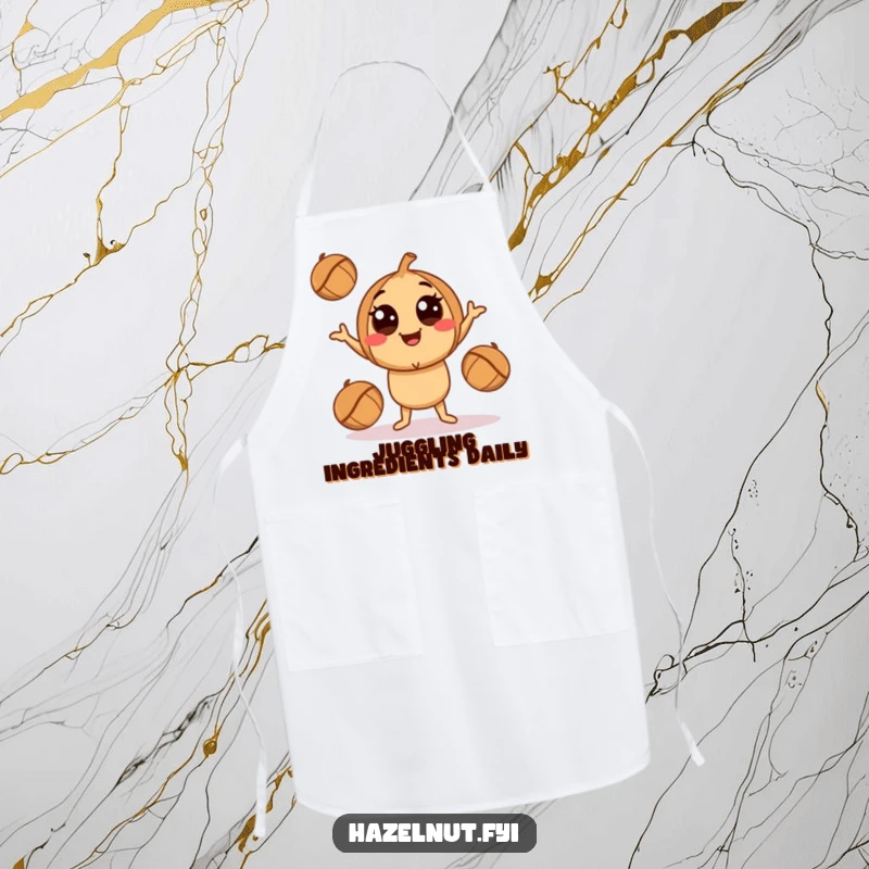 Funny Juggling Hazelnut Apron: A smiling character with big eyes playfully juggling hazelnuts, perfect for cooking with humor.
