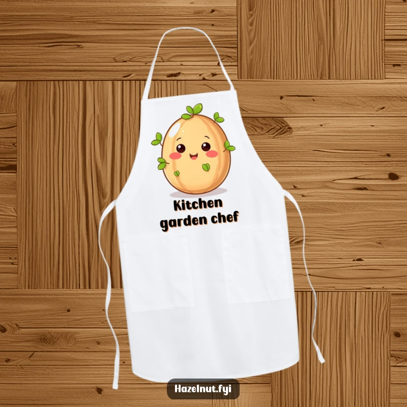 Funny hazelnut character with tiny green leaves sprouting, depicted on a functional kitchen apron, adding humor to cooking.