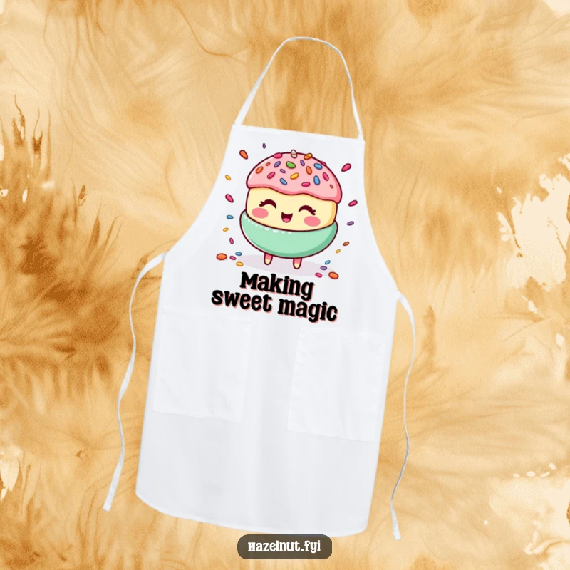 Funny apron with a happy macaroon giggling and juggling colorful candy sprinkles, ideal for a humorous cooking experience.