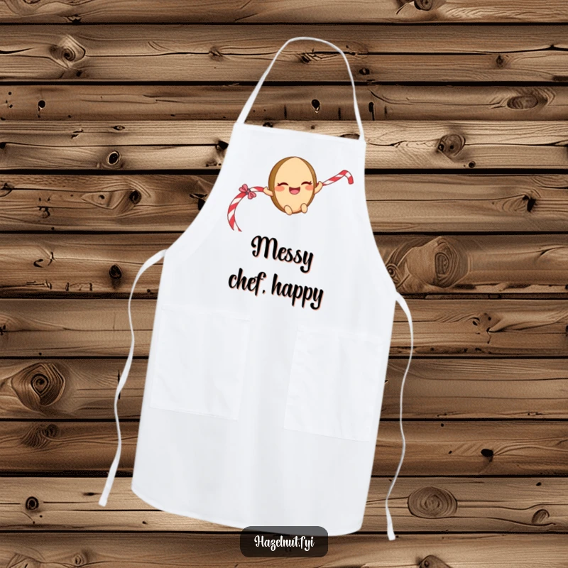 Funny Sliding Hazelnut Apron: A giggling character with a mischievous grin sliding down a licorice rope, perfect for cooking fun.