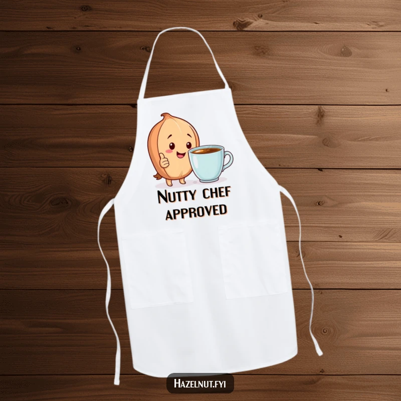 Funny Apron: A happy hazelnut gives a thumbs up next to a steaming cup, a humorous addition for cooks.