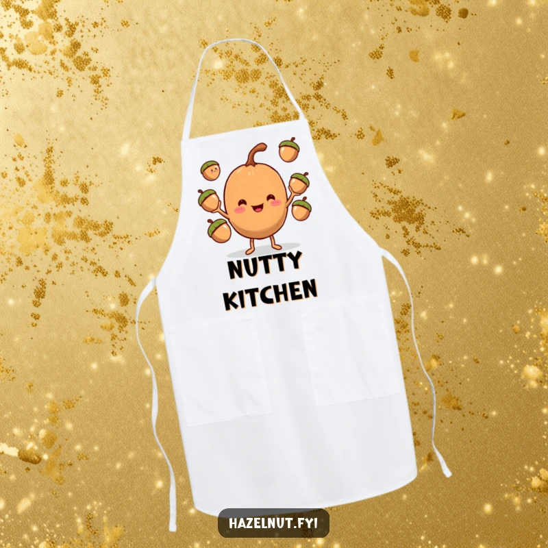 Funny Hazelnut Juggler Apron, a smiling hazelnut with tiny arms juggling acorns, keeping your clothes clean.
