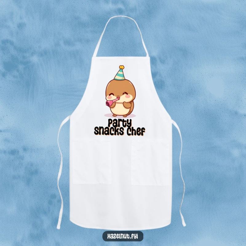 Funny apron featuring a cute kawaii hazelnut in a party hat blowing a noisemaker, perfect for festive cooking.