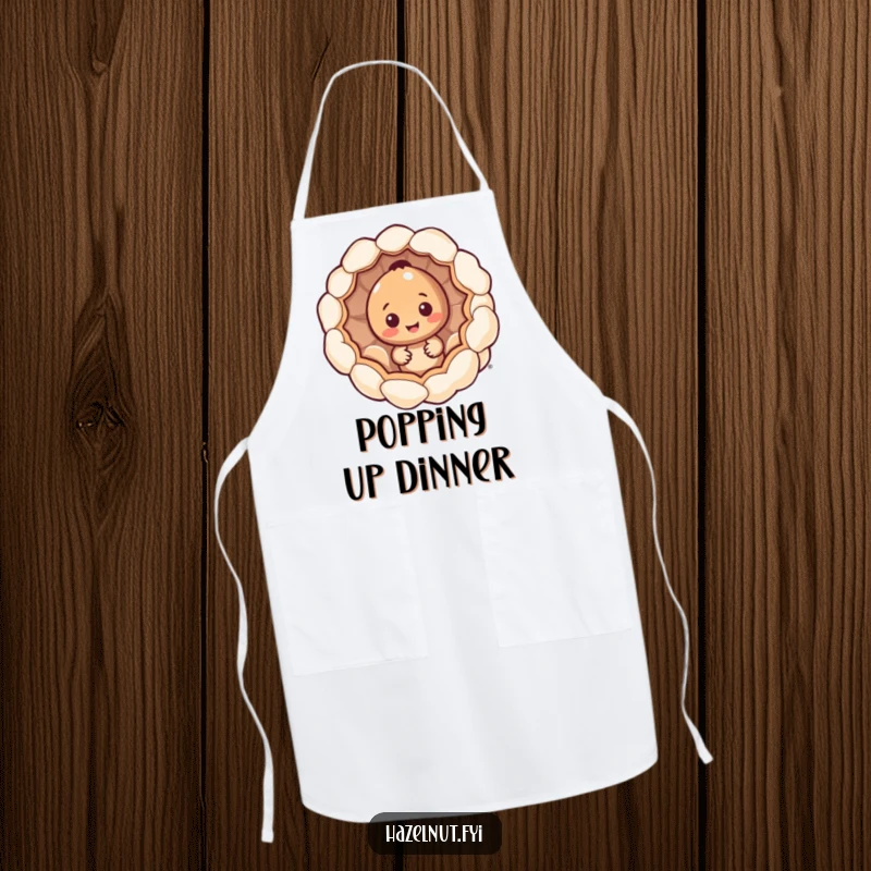 Funny hazelnut character apron, peeking from inside a giant popcorn kernel, humorous kitchen wear for snack enthusiasts.