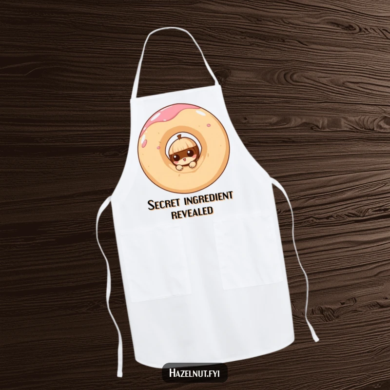 Funny apron with a curious hazelnut peeking from a giant, swirling doughnut, for kitchen adventures.