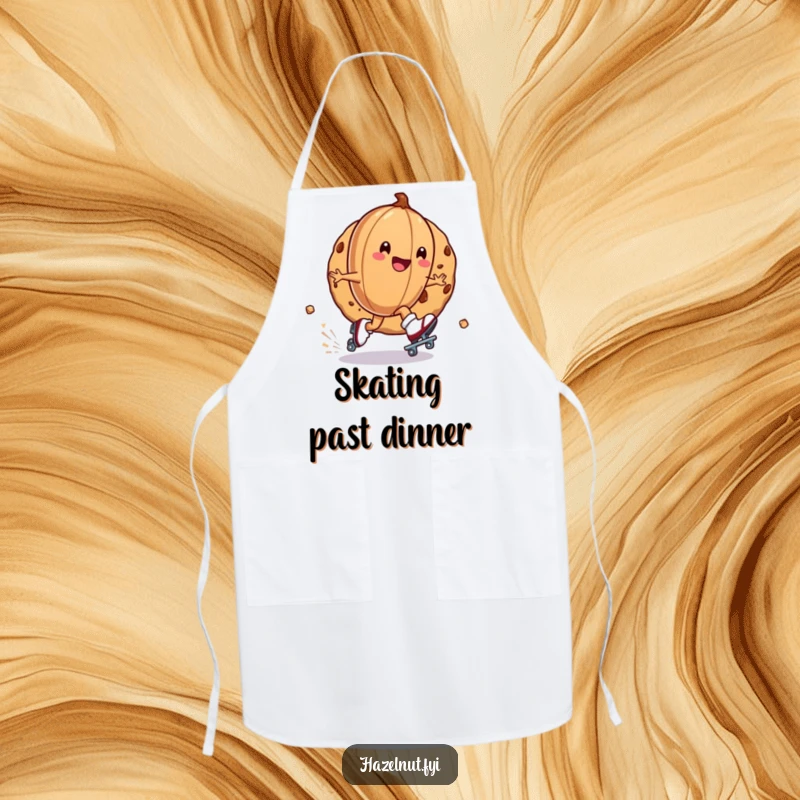 Funny apron with a hazelnut on roller skates zipping around a cookie, adding humor and speed to the kitchen, a great gift.