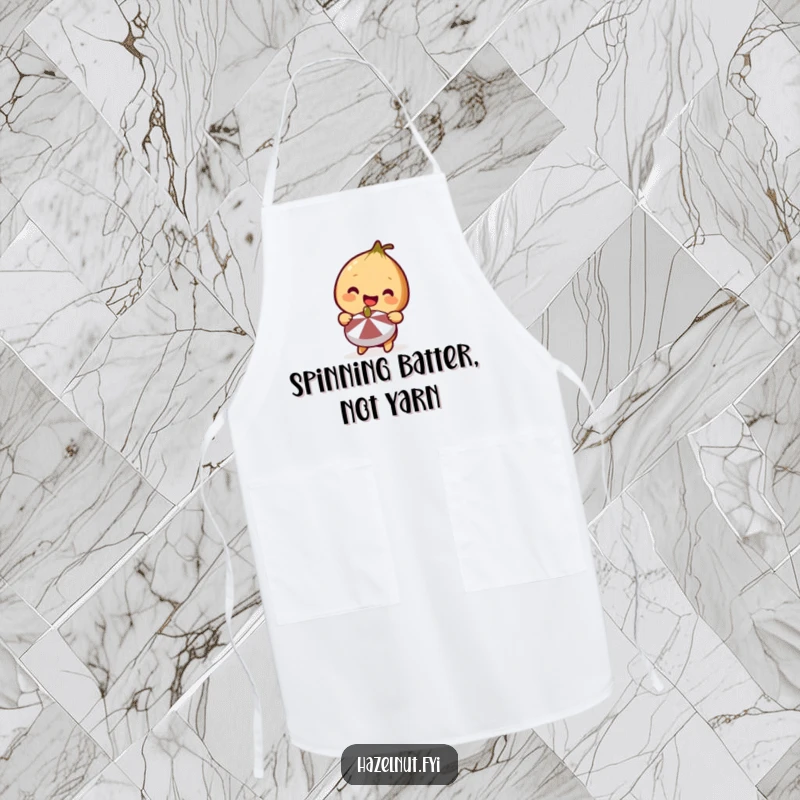 Funny Hazelnut Apron showing a cute hazelnut smiling and holding a miniature spinning top, ready for playful kitchen adventures.