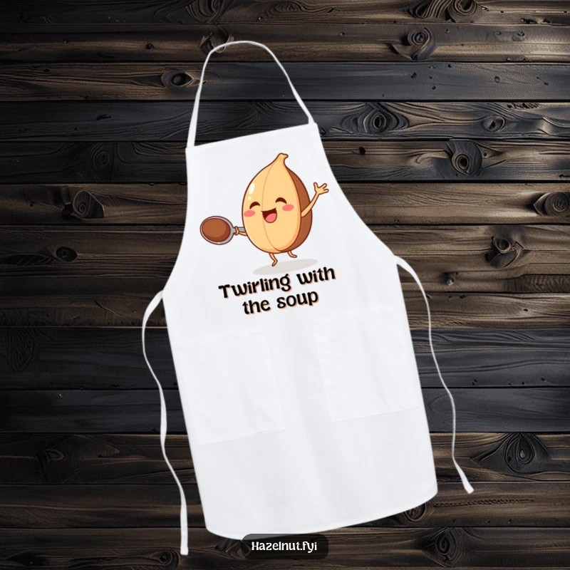 Funny apron showcasing a joyful hazelnut dancing with a spoon, for kitchen entertainment.