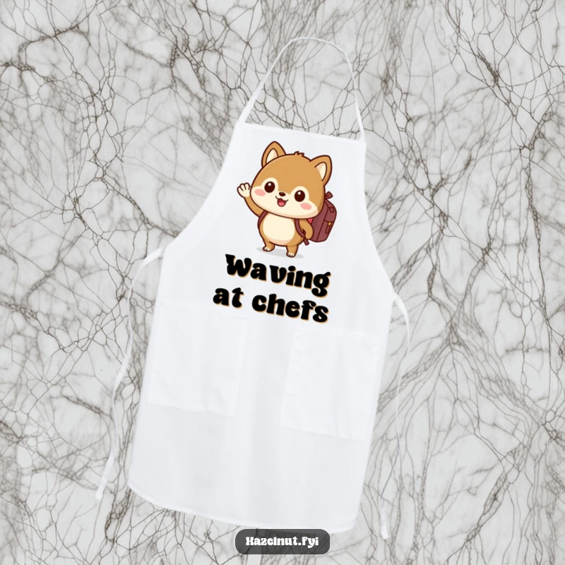 Funny hazelnut apron with backpack, waving enthusiastically, perfect for hilarious cooking adventures.