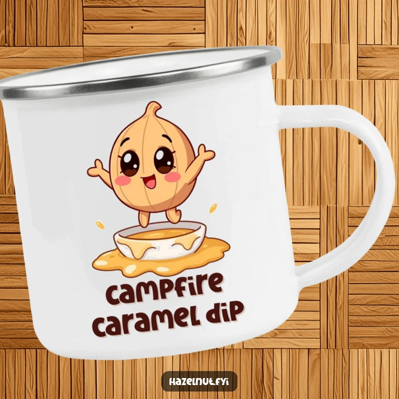 Funny hazelnut character jumping into caramel, on a camping mug, perfect for humorous outdoor enjoyment and gifts.
