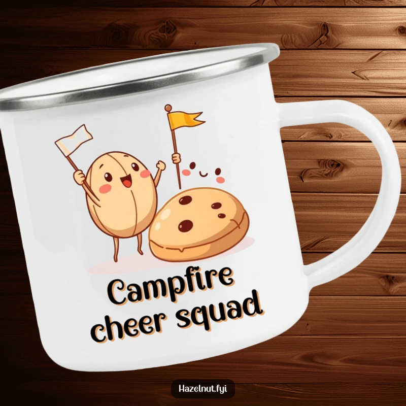 Funny Hazelnut Camping Mug depicts hazelnuts cheering with flags at a cookie, bringing festive cheer to outdoor settings.