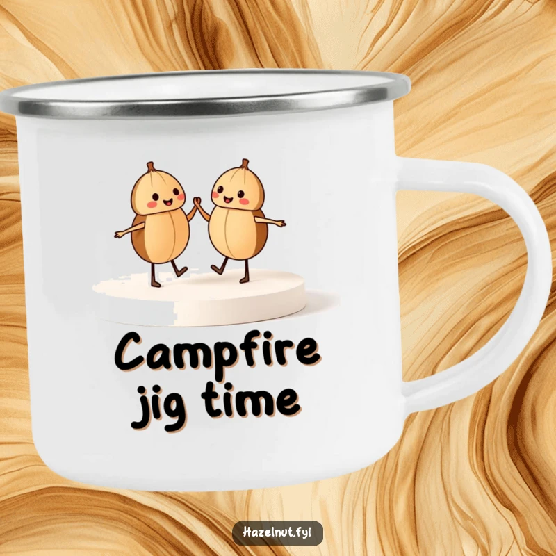 Funny camping mug with two dancing hazelnuts on a stage, bringing humor and cheer to outdoor adventures, a great gift.