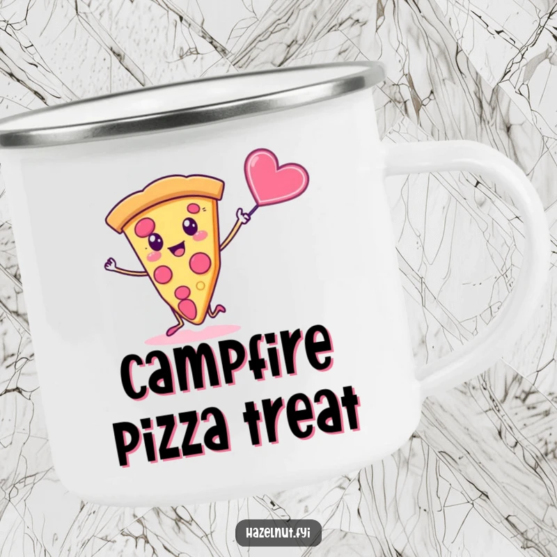 Funny camping mug displaying a silly slice of pizza dancing with a flying candy heart, perfect for outdoor meals.