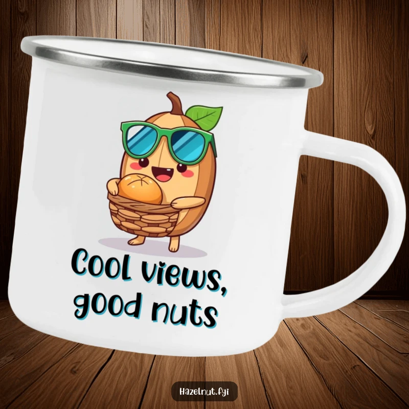 Funny Hazelnut Camping Mug showing a hazelnut in sunglasses offering a nutty treat from a tiny basket, ready for outdoor chill.