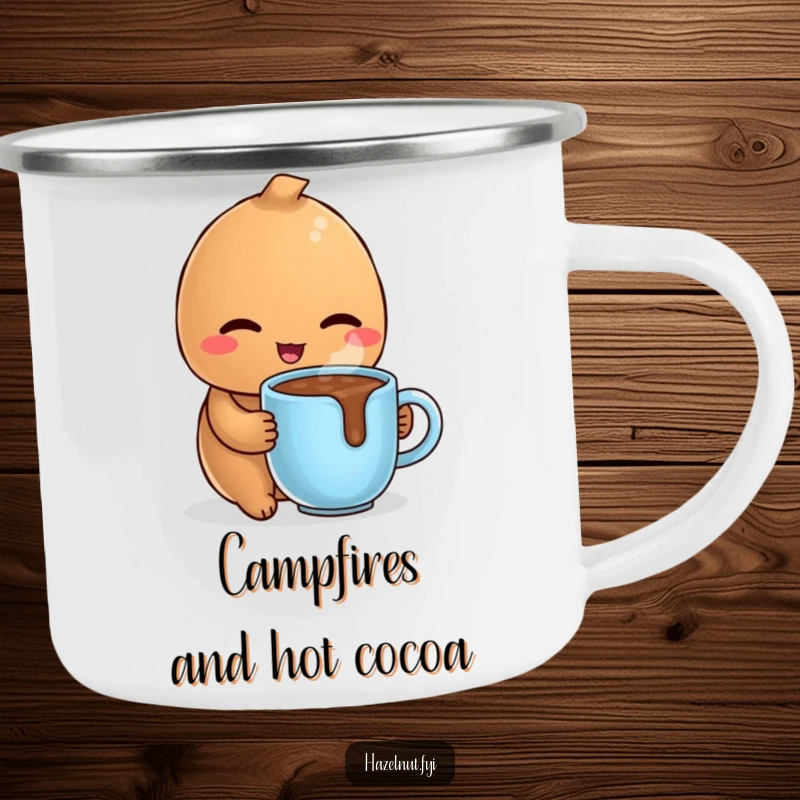 Funny camping mug featuring a delighted hazelnut winking coyly while holding a tiny, steaming mug of hot chocolate, perfect for cozy camping.