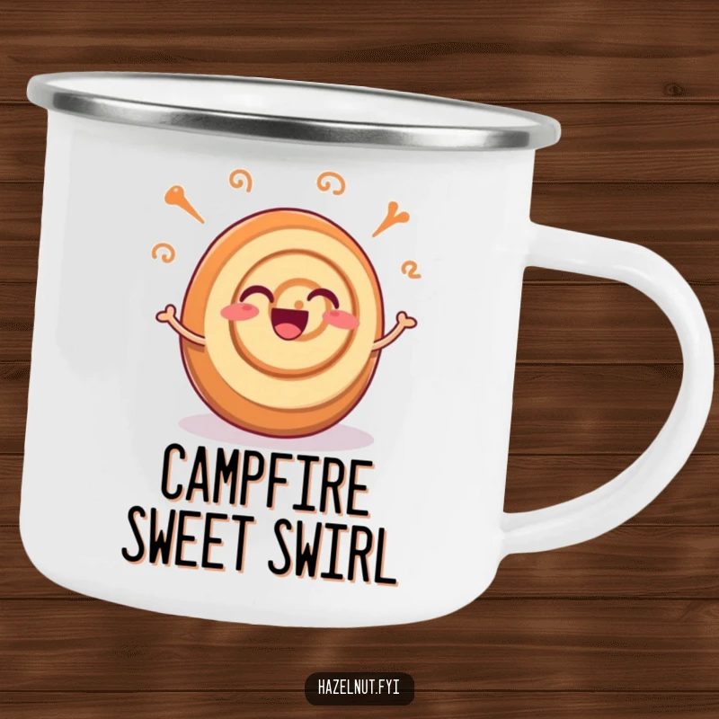 Funny camping mug showing an excited cinnamon roll with joyful wiggling swirls, perfect for enjoying coffee outdoors.