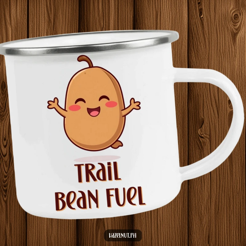 Funny camping mug showing a smiling, rosy-cheeked coffee bean happily hopping, ready for outdoor coffee enjoyment.