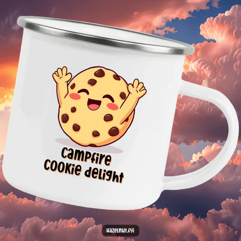 Funny camping mug showing a giggling chocolate chip cookie with arms raised in delight, ready for outdoor enjoyment.
