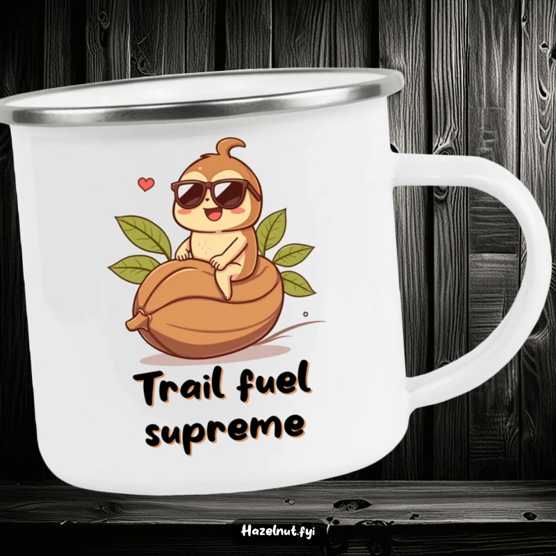 Funny hazelnut character in sunglasses riding a coffee bean, on a rugged camping mug. Perfect funny gift.
