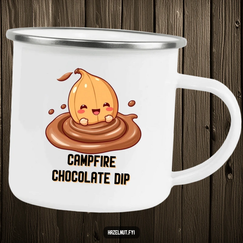 Funny camping mug with a cheerful hazelnut character happily diving into a swirling chocolate dip, perfect for outdoor treat lovers.