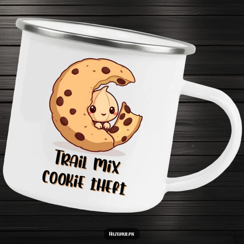 Funny camping mug with a mischievous hazelnut peeking from behind a giant cookie, perfect for outdoor snack enthusiasts.