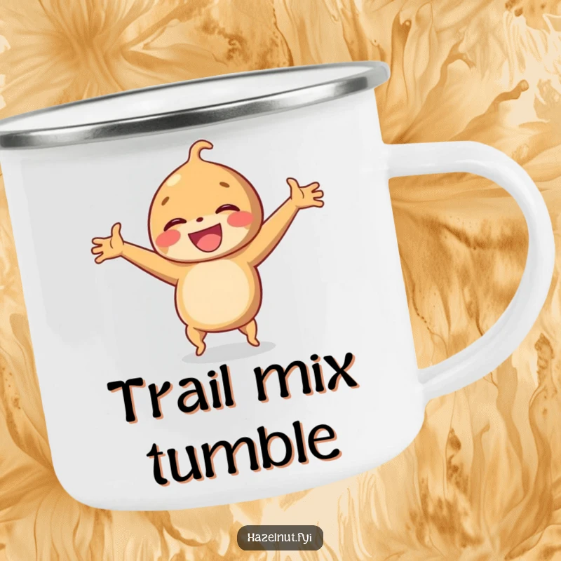Funny camping mug with a laughing hazelnut doing a cartwheel with arms outstretched, for outdoor enjoyment.
