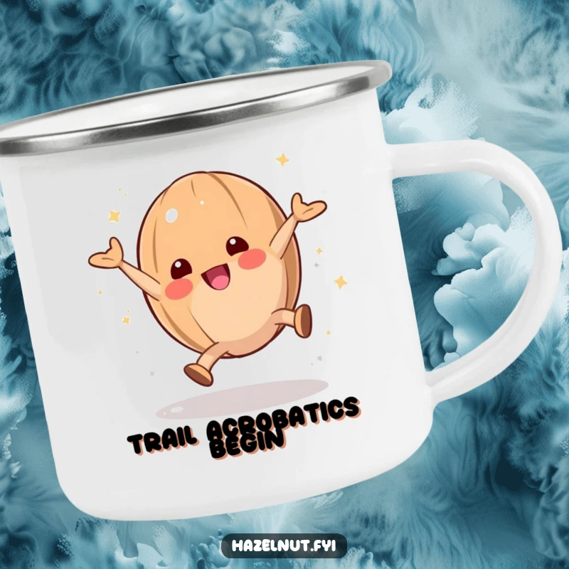 Durable funny camping mug with a playful hazelnut doing a cartwheel, for energetic outdoor enjoyment.